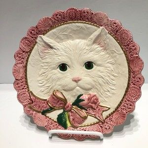 Fitz & Floyd Kitten Plate Pink 8” Essentials Border Bow Rose Vintage w/ Stand